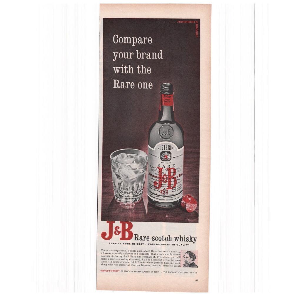 J&B Rare Scotch Whisky Magazine Advertisement 1960s Alcohol Dickens Vintage
